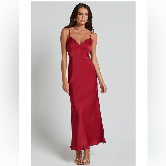 Satin slip midi dress in wine red burgundy - Picture 4 of 6